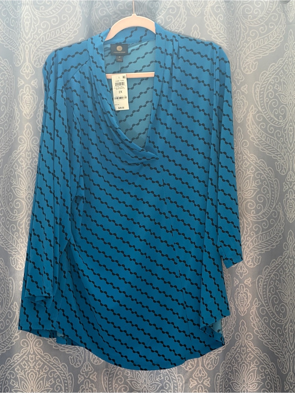 JM Collection Blue Draped Neck Tunic with Black Pattern